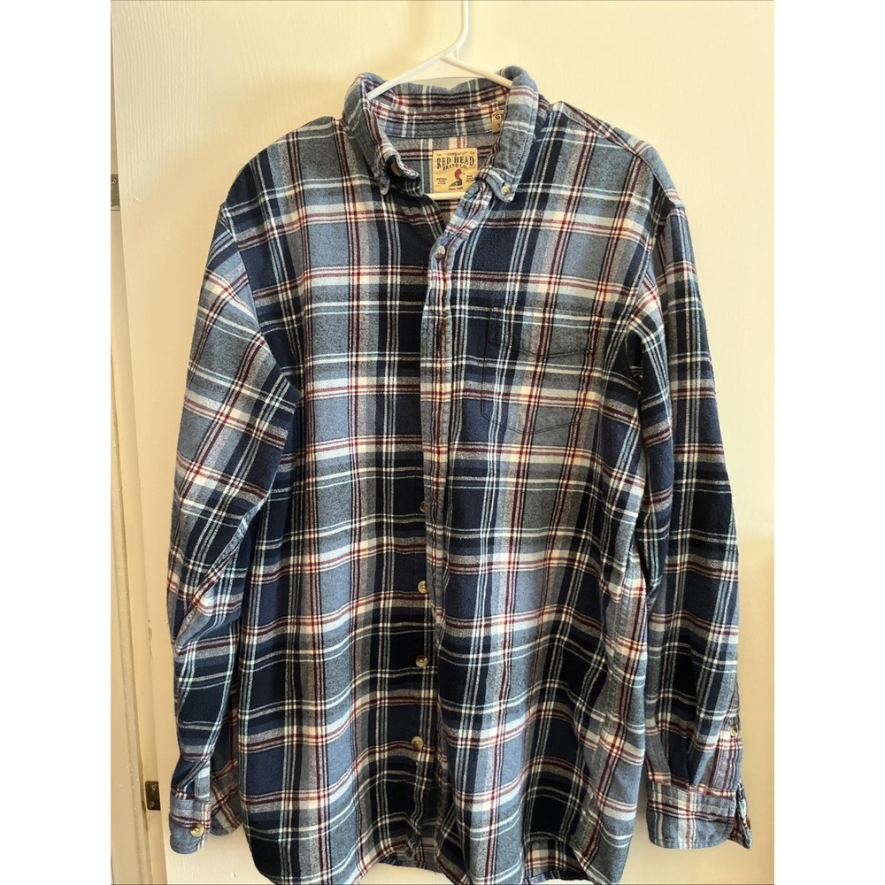 Red Head Shirt Mens XL Blue Plaid Flannel Button Front Long Sleeve Casual